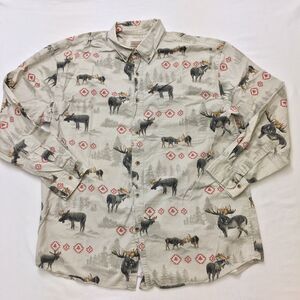 RUGGED EARTH Moose AOP Shirt Men's L Beige Southwest Aztec All Over Print Hiking